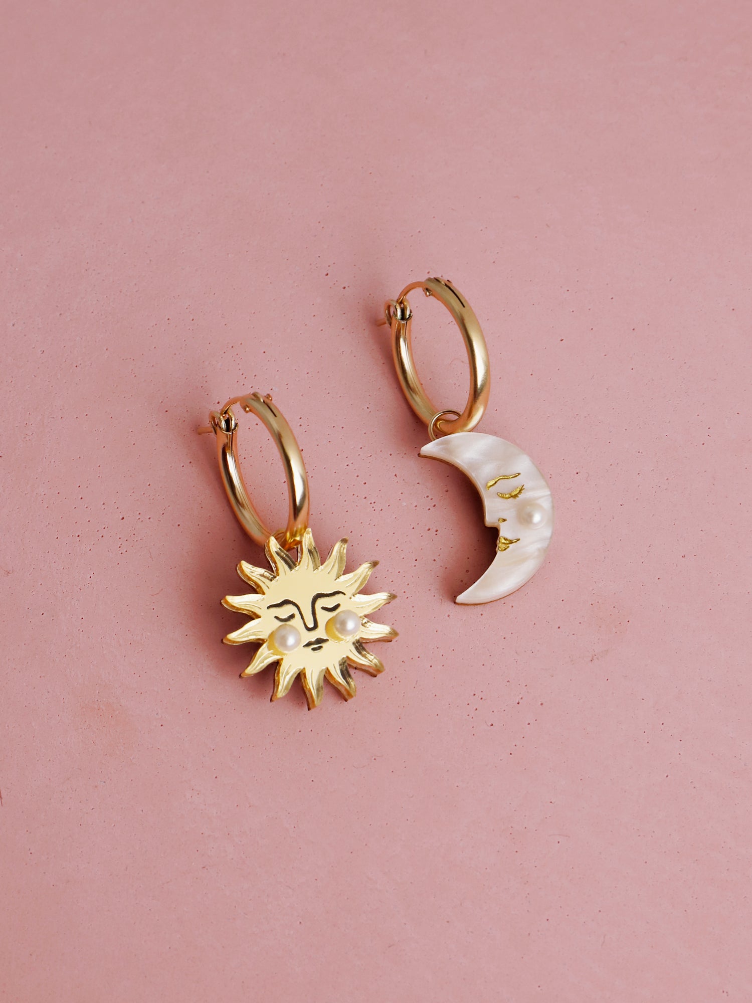 Sun & Moon Hoops. Charm earrings made with laser cut acrylic, Czech glass pearls and hand inked details. Handmade in the UK by Wolf & Moon.
