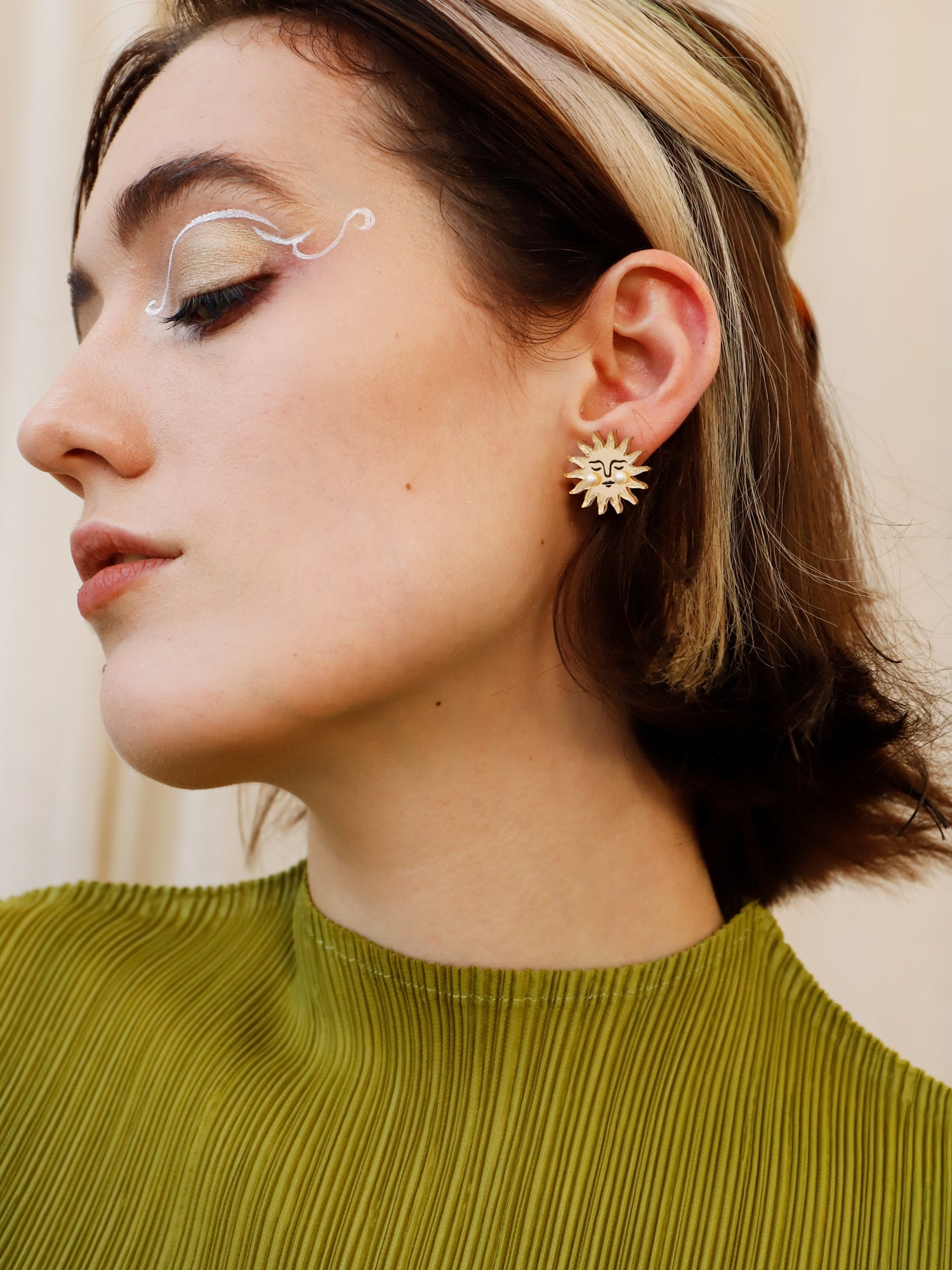 Sun Studs. Earrings made with laser cut acrylic, Czech glass pearls and hand inked details. Handmade in the UK by Wolf & Moon.